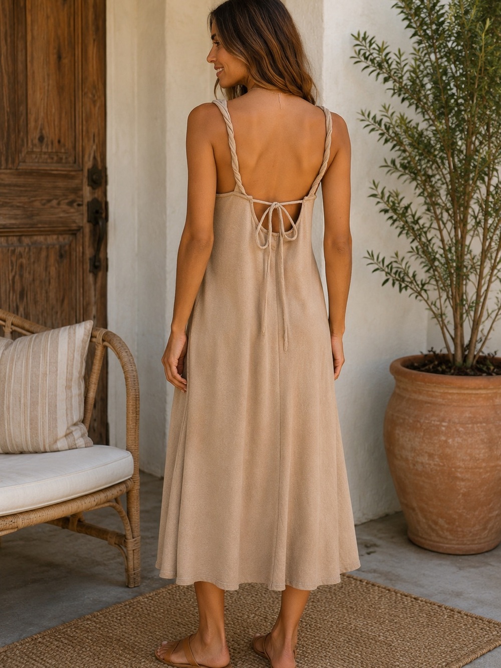 NEW Zenana Twisted Strap Ash Mocha/Beige Sleeveless Midi/Maxi Dress Flowy Casua - Picture 2 of 9